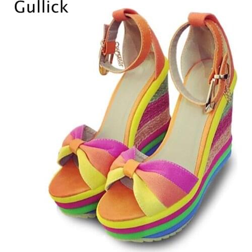Gullick Fancy Colorful Rainbow Ultra High Heels Woman Sandals 12 CM High Platform Wedges For 2018 Factory Price Dreamful Shoe