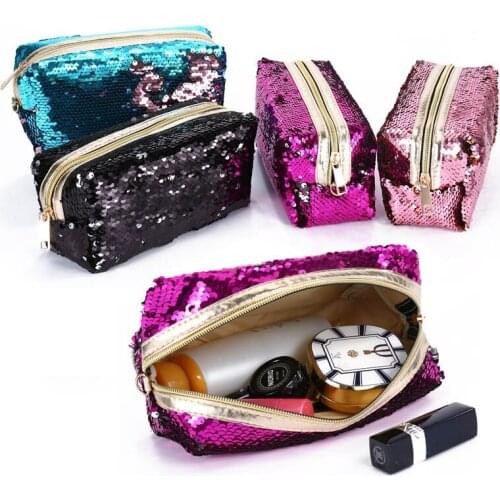 New Fashion Cosmetic Bags Double Color Sequins Handbag Cosmetic Bag Makeup Pouch Women Girls Pencil Bags High Quality