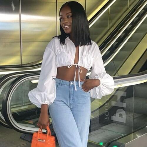 Solid Crop Top Casual Fashion Woman Blouses Summer Turn Down Collar Lace Up Lantern Sleeve Shirts For Female Sexy Streetwears