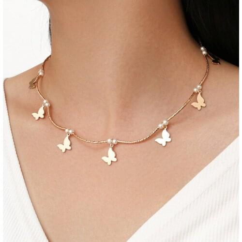 Women Fashion Gold Butterfly Imitation Pearl Choker Necklace for Women Statement Clavicle Chain Necklace Jewelry Gifts