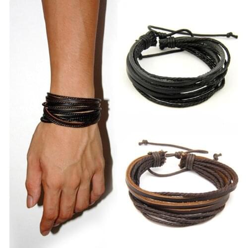 2019 Hot hand-woven Fashion Jewelry Leather Braided Rope Wristband Wrap Multilayer Men Bracelets & Bangles for Women