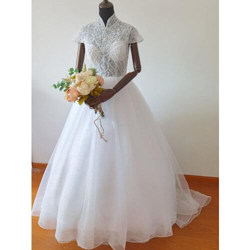 Luxury A Line Wedding Dress with Beads High Neck Bridal Gown with Spark Tulle Skirt Custom Size/Color