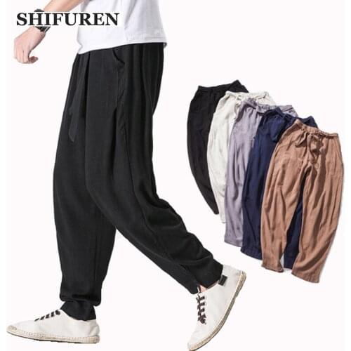 SHIFUREN Breathable Cotton Linen Pants Men Loose Fit Spring Summer Elastic Waist Male Casual Harem Trousers Plus Size M-4XL