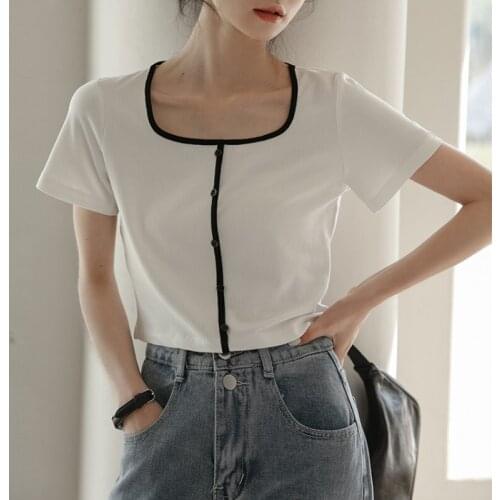 Chic Button Square Collar Women T-shirt Korean Fashion Hit Color Short Sleeve Slim Cropped Tops Femme Casual Summer Tees