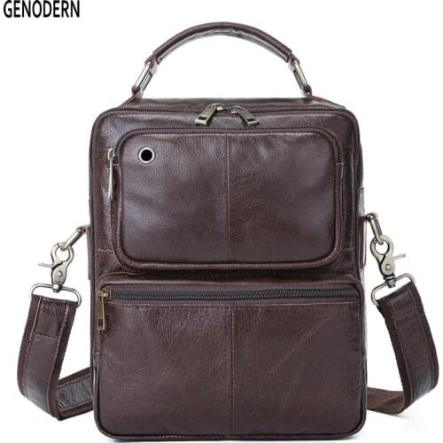 GENODERN New Mens Shoulder Bag First Layer Cowhide Casual Messenger Bag Multi-functional Handbag Casual Crossbody Shoulder Bags
