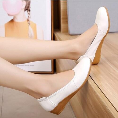 LIHUAMAO Cow leather wedges shoes women slip on round toe ladies high heel pumps party comfort office lady work wedding shoes