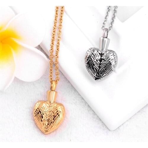 Angel wings Heart Cremation Urn Necklace Memorial Jewelry Stainless steel Urns Keepsake Engraved Locket
