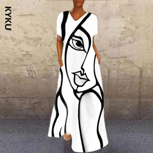 Vintage Abstract Girl Cartoon Printed Long Party Dress Women Elegant V Neck A-line Dresses Summer Short Sleeve Pocket Maxi Dress