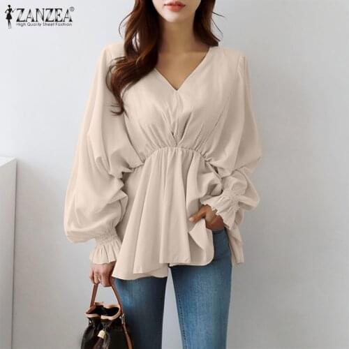 Women Elegant Ruffles Blouse ZANZEA Stylish Spring Long Flare Sleeve V Neck Pleated Blusas Casual Work OL Shirt Chemise Tops