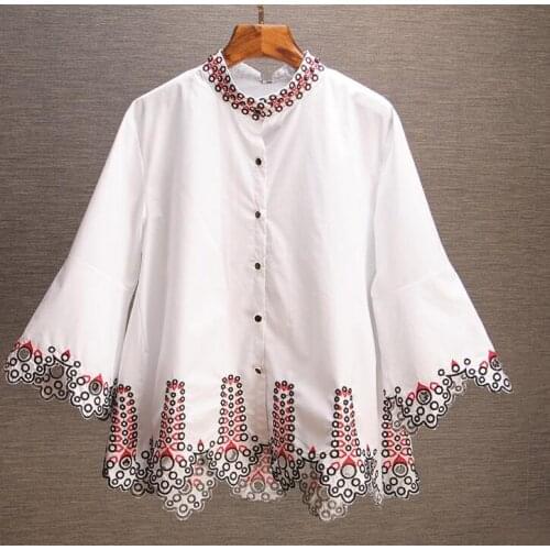 Womens spring autumn long Flare sleeve Casual Loose Shirt Femal Vintage National embroidery Shirt Blouse TB117