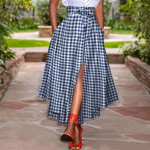 Womens Elegant Irregular Skirts Holiday Plaid Check A Line Skirt 2021 Summer Zipper High Waist Skirts ZANZEA Fashion Long Skirt