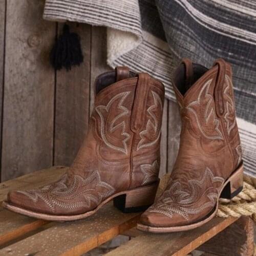 New embroidery botas mujer Faux Leather Cowboy Ankle Boots for Women Wedge High Heel Boots Snake Print Western Cowgirl Boots