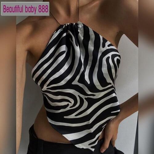 Meqeiss Halter Asymmetry Zebra Stripes Camisole Crop Tops Womens Street Style Corset Tops Knitted Mujer Casual Aesthetic Clothes