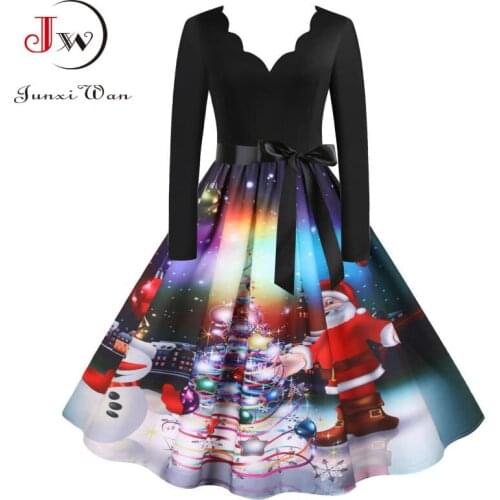 Christmas Party Dress Women Long Sleeve V Neck Elegant Vintage Print Xmas New Year Prom Sundress Autumn Winter Plus Size 3XL