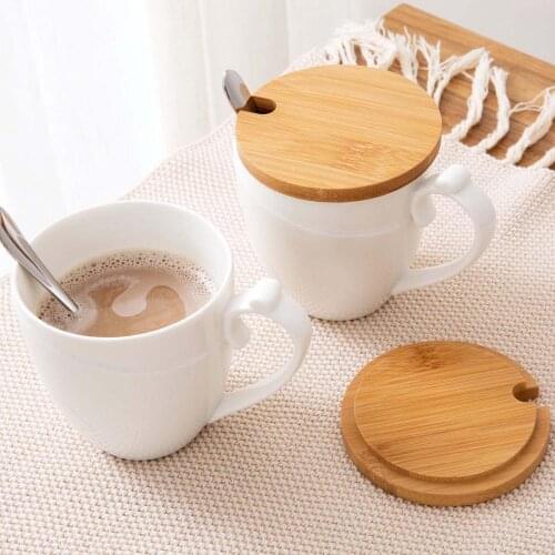 1Pc Coffee Mug Ceramic Cup with Wood Cover Spoon Home Office Coffee Tea Cup Drinkware Milk Lemon Juice Cups Friends Gift Mugs