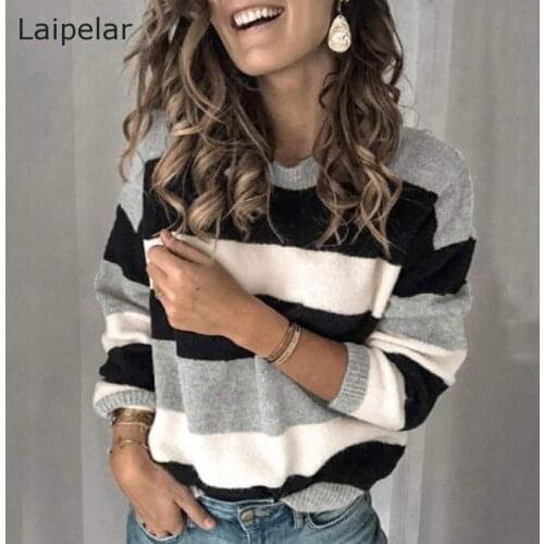 2020 Women Autumn Winter Plus Size Sweaters Jumper Patchwork Stripe Print Knitted Sweater Casual O Neck Long Sleeve Pullover Top
