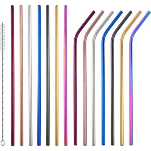 265mm*6mm Colorful Straw 304 Stainless Steel Straws Reusable Bent Metal Drinking Straw with Cleaner Brush For 30oz mug SN675