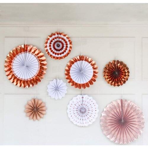 8pcs/Set Hot stamping Rose Gold Paper Fan Rosettes Pinwheel Hanging Flower Paper Crafts Wedding baby shower birthday Decor