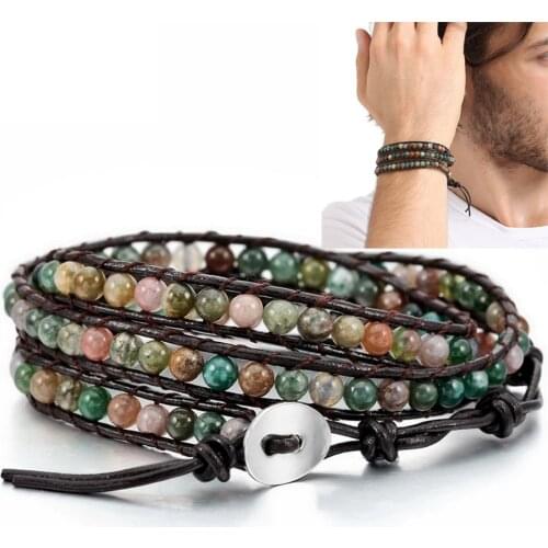 Classic Genuine Leather Bracelet Bangle Cuff Rope for Men Natural Stone Energy Beads Braided 3 Wraps Stone Handmade Jewelry Gift