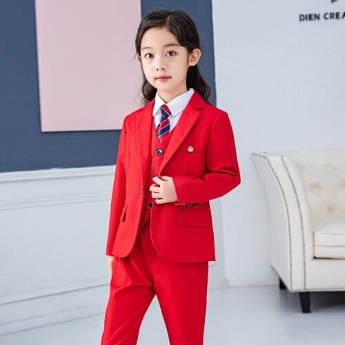 Girls Red Formal Suit Set Childrens Princess Wedding Show Host Costume Kids Blazer Vest Shirts Pants Tie Clothing Sets
