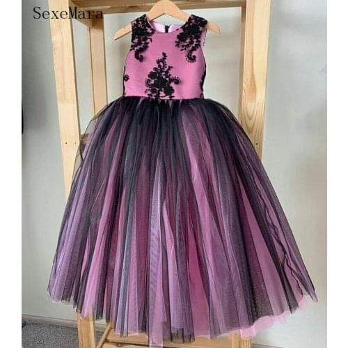 Customized flower girl Dresses Party Gowns Black Tulle Lace Girls Birthday Dress Children Pageant Gown 2-16years
