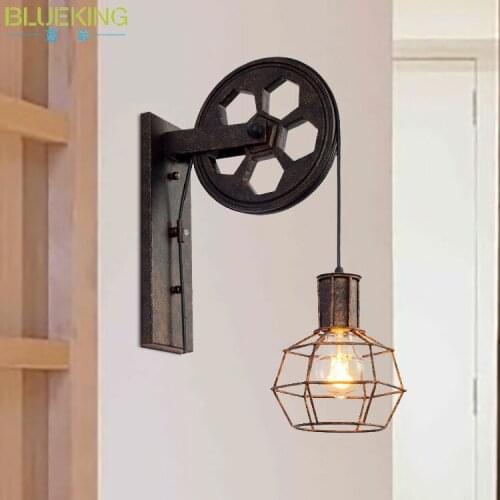 European Antique Wrought Iron Distressed Big Sheave Lifting Wall Lamp Frame Loft Industrial Wind Hallway Wall Lamp Shelf