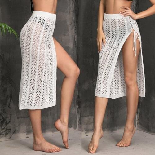 H80&S90 New Hand Crochet Hollow Out Beach Skirt Sexy Women Knitted Split See Through Bikini Swimwear Female Cover Up Beachwear