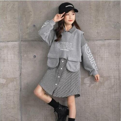 Girls Clothing Set 2021 Sping New Big Girl Plaid Two Piece Sets Dress And Vest Teenage Girl Suits For 4-14Year Kids Fall Clothes