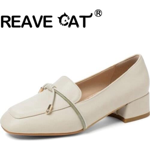 REAVE CAT 2021 Concise Loafers Pumps Slip On Knot Square Toe 3.5cm Chunky Cover Heel Shoes Size 32-47 Black Beige Apricot A4203