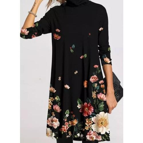 Fashion Autumn Winter Warm Women Turtleneck Dress Elegant Print Long Sleeve Dresses Women Casual Loose Female Plus Size Dress