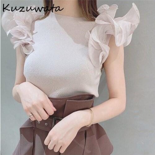 Kuzuwata 2021 Autumn New Pullover O Neck Fungus Flying Sleeve Patchwork slim Knitted Jumper Japan Style Sweet Small Sweaters