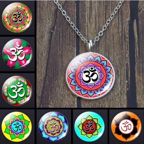 Om Flower Necklace Indian Religious Jewelry Spirit Yoga Jewelry Silver Chain Glass Cabochon Necklace Men Women Gifts