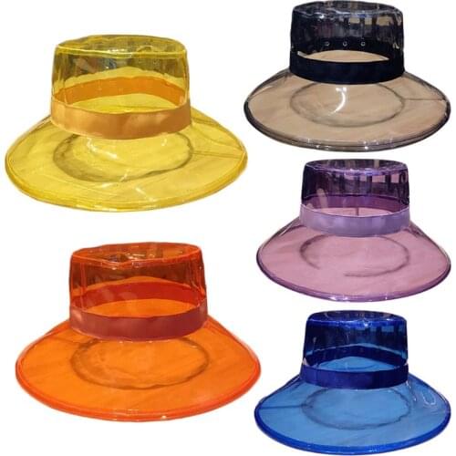 Women Men Summer PVC Transparent Bucket Hat Bright Jelly Solid Color Wide Brim Breathable Waterproof Fisherman Rain Hat
