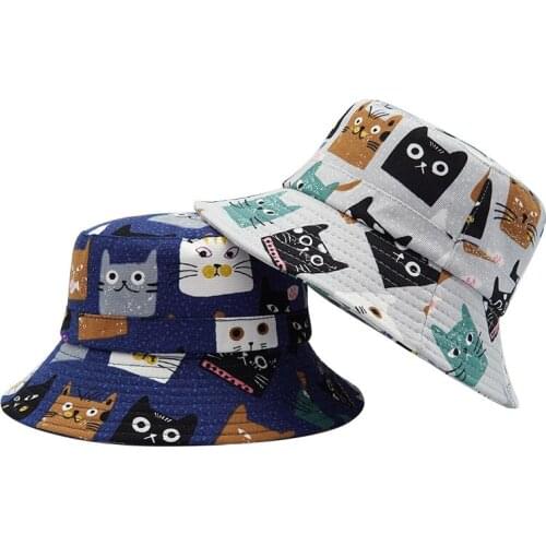 Bucket-Hats Men Women Animal Cartoon Bob Fisherman Cat Cotton Fashion Anti-sun Street Hip Hop Flat Panama Hat 2021 New