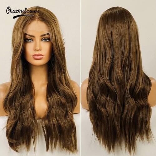 CharmSource Long Brown Hair Natural Wavy Front Lace Wigs Synthetic for White Black Women Daily Wedding Use Wig High Density