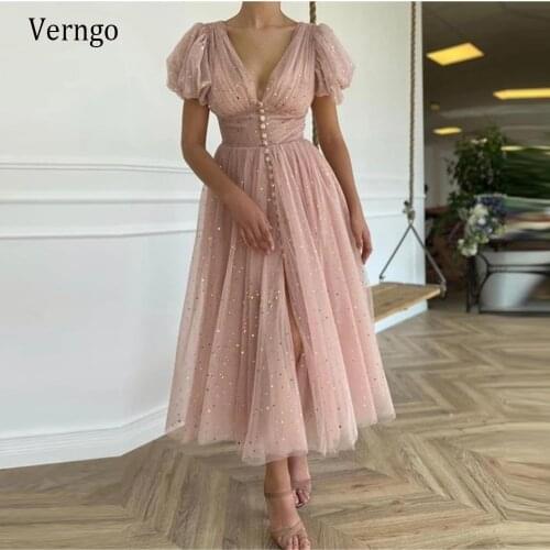 Verngo 2021 Glitter Raffia Cream Pink Tulle Prom Dresses With Golden Stars Short Puffy Sleeves Buttons Tea Length Party Gowns