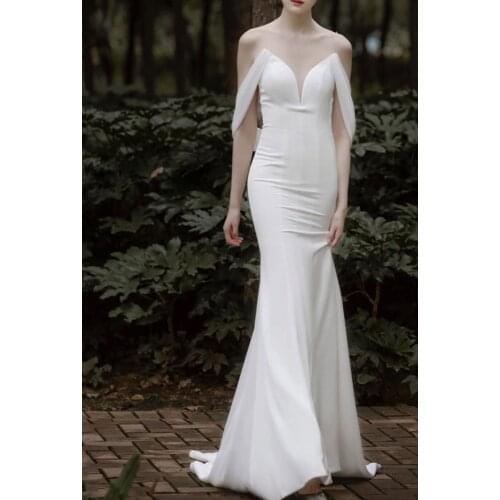 Sexy Sheath O Neck Soft Satin Short Sleeve Sheer Back Sweep Train Wedding Gown Wedding Dress Bride robe de mariée
