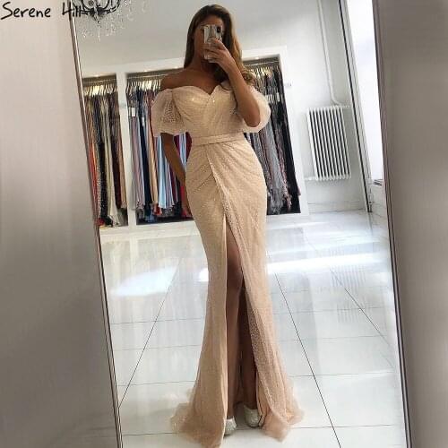 Serene Hill Peach Puff Sleeves Luxury Evening Dresses Gowns Split Mermaid Elagant For Women Party DLA70736