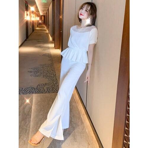 Stitching perspective gauze beaded lotus leaf swing top + split wide-legged pants suit new summer