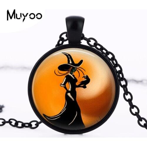 Halloween Jewelry Necklace Glass Tile Witch Jewelry Black Necklace Glass Holiday Jewelry statement necklace HZ1