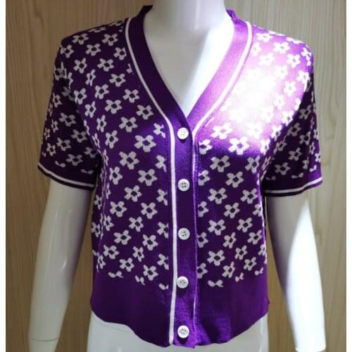 Spring new etro short-sleeved floral V-neck button daisy jacquard top knitted women loose cardigan