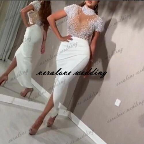 Dubai Beaded Prom Dress White High Neck Illusion See Through Cap Sleeves Formal Evening Dresses Gala Plus Size Party Gown