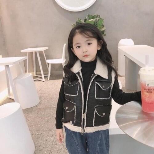 Boys and Girls Vest PU Leather Vest Velvet Padded Thickened Top Leather 20 Autumn and Winter Clothing New Foreign Trade Children