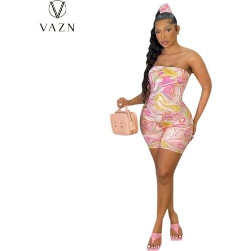 VAZN 2021 New Arrival 2 Color Beach Sexy Young Fashion Joker Strapless Sleeveless High Waist Women Skinny Free Playsuits