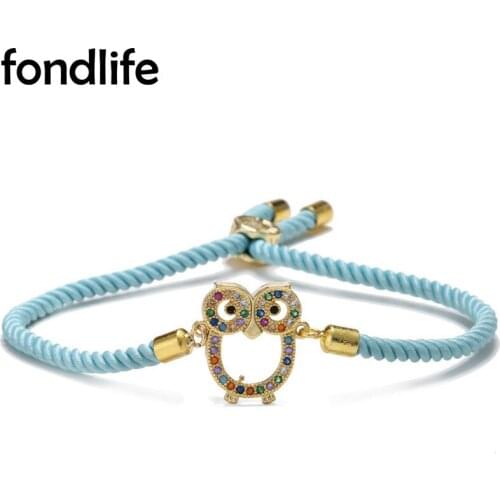 AAA Multicolor Cubic Zirconia Crystal Brass Wise Owl Charm Bracelet Women Gold-plated Lovely Animal Blue Cord Adjustable Jewelry