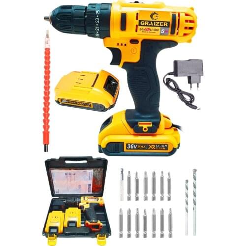17 Pcs Cordless Drill Screwdriver German 36 V 5 Ah Impact Metal Gearbox Double Cordless Cordless Screwdriver + 17 Pieces