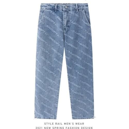 Hiphop Jeans Spring Summer Trend Printed Letters Washed Straight Pants Thin Blue Denim Trousers Mens Casual Loose Streetwear