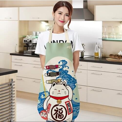 Japanese Cartoon Lucky Cat Decoration Sleeveless Apron Cotton Linen Kitchen Aprons Women Home Cooking Baking Waist Bib Pinafore