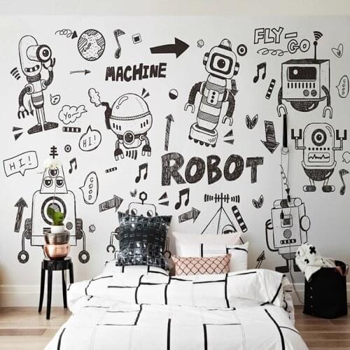 Custom Mural Wallpaper 3D Hand Painted Graffiti Robot Black And White Cartoon Wall Painting Childrens Bedroom Papel De Parede