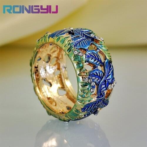 Artistic Style Color Painting Flower Leaf Cloisonne Ring Fashion Craftsman Enamel Originality Hollow Out Ring for Men Women Gift